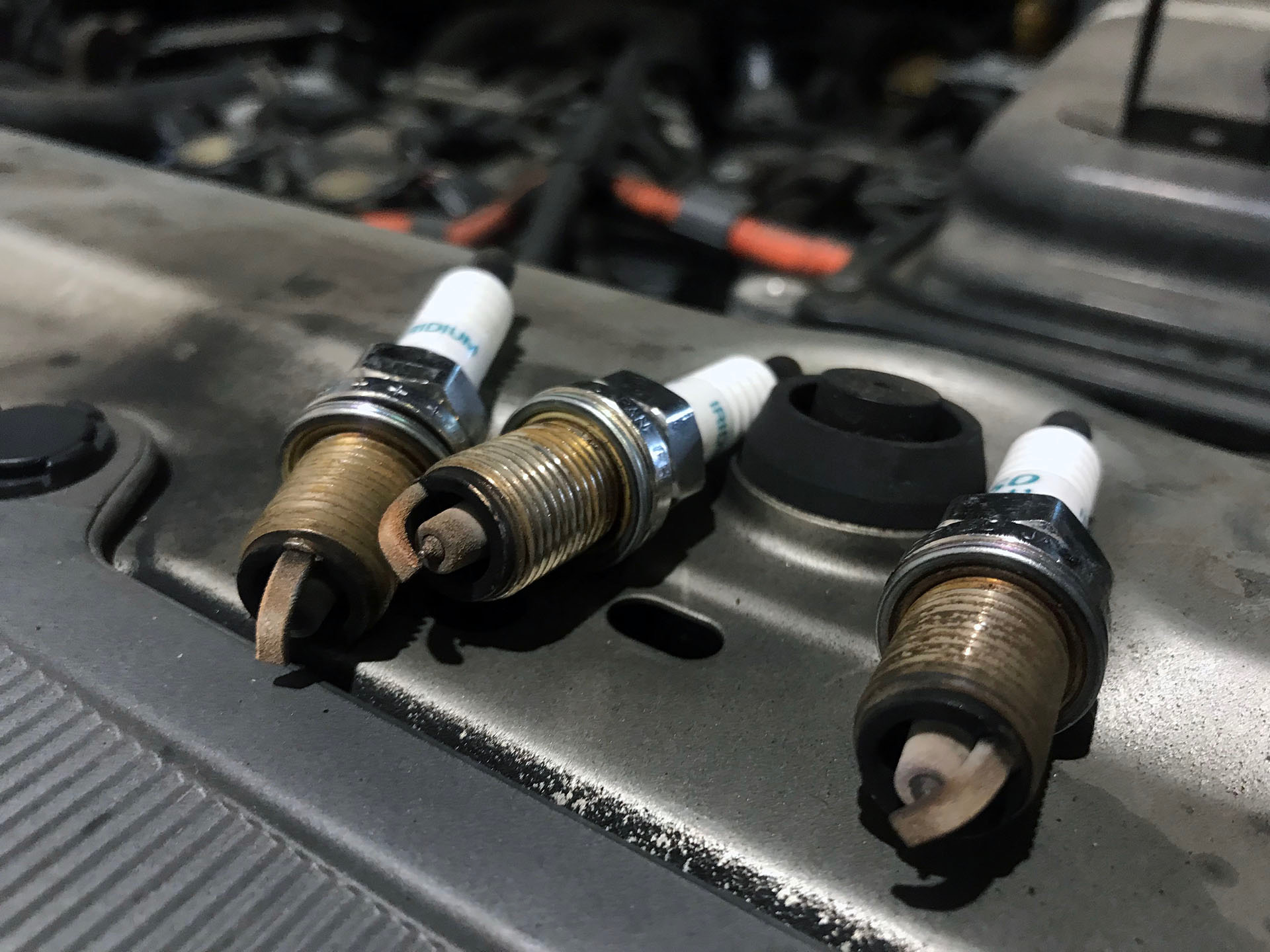Used spark plugs showing wear and carbon buildup during routine maintenance service